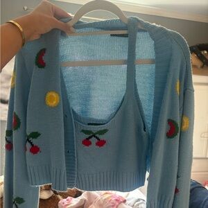 Blue Cherry Pattern Sweater Set